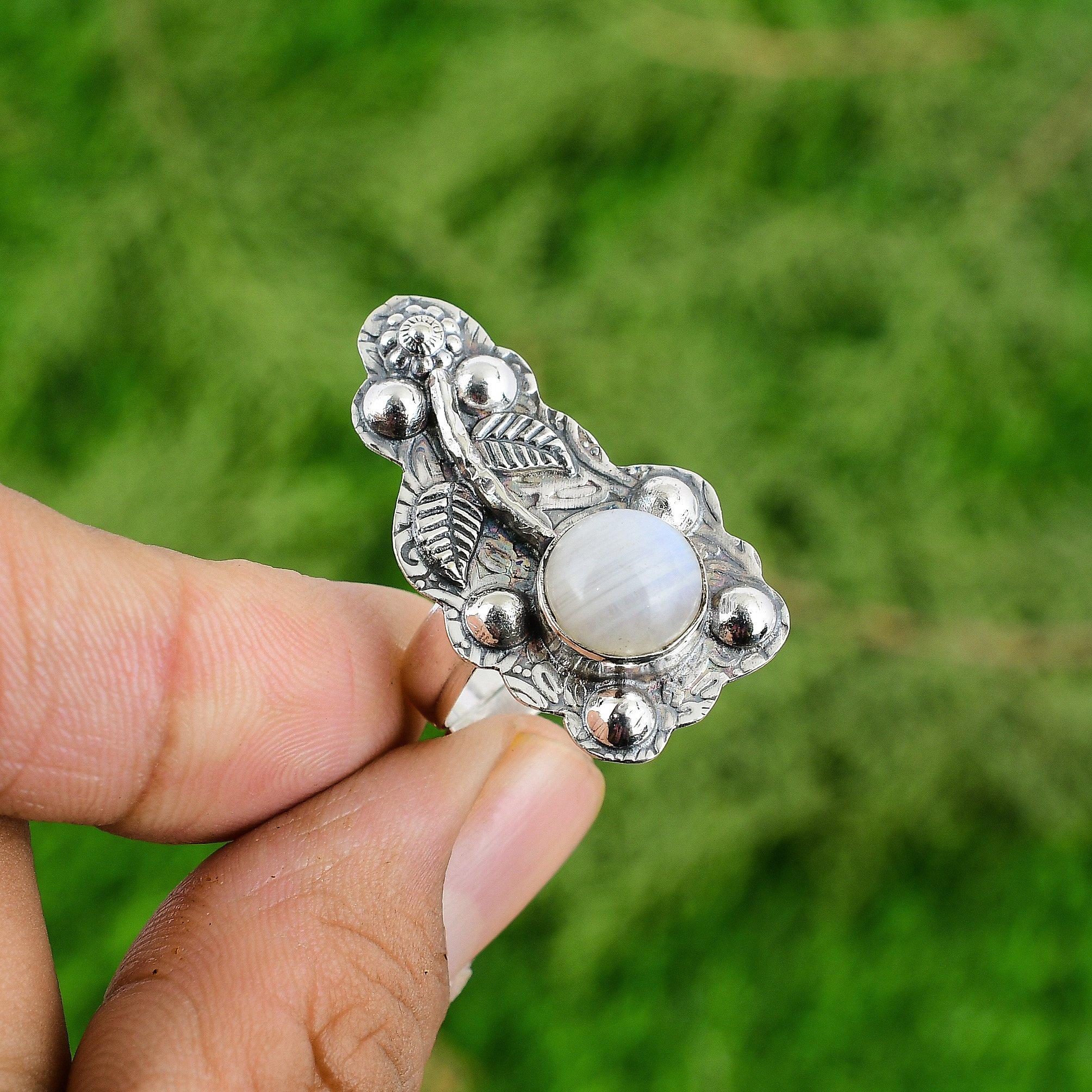 

Rainbow Moonstone Stone Mother Flower Solitaire Ring Jewelry 925 Sterling Silver Adjustable