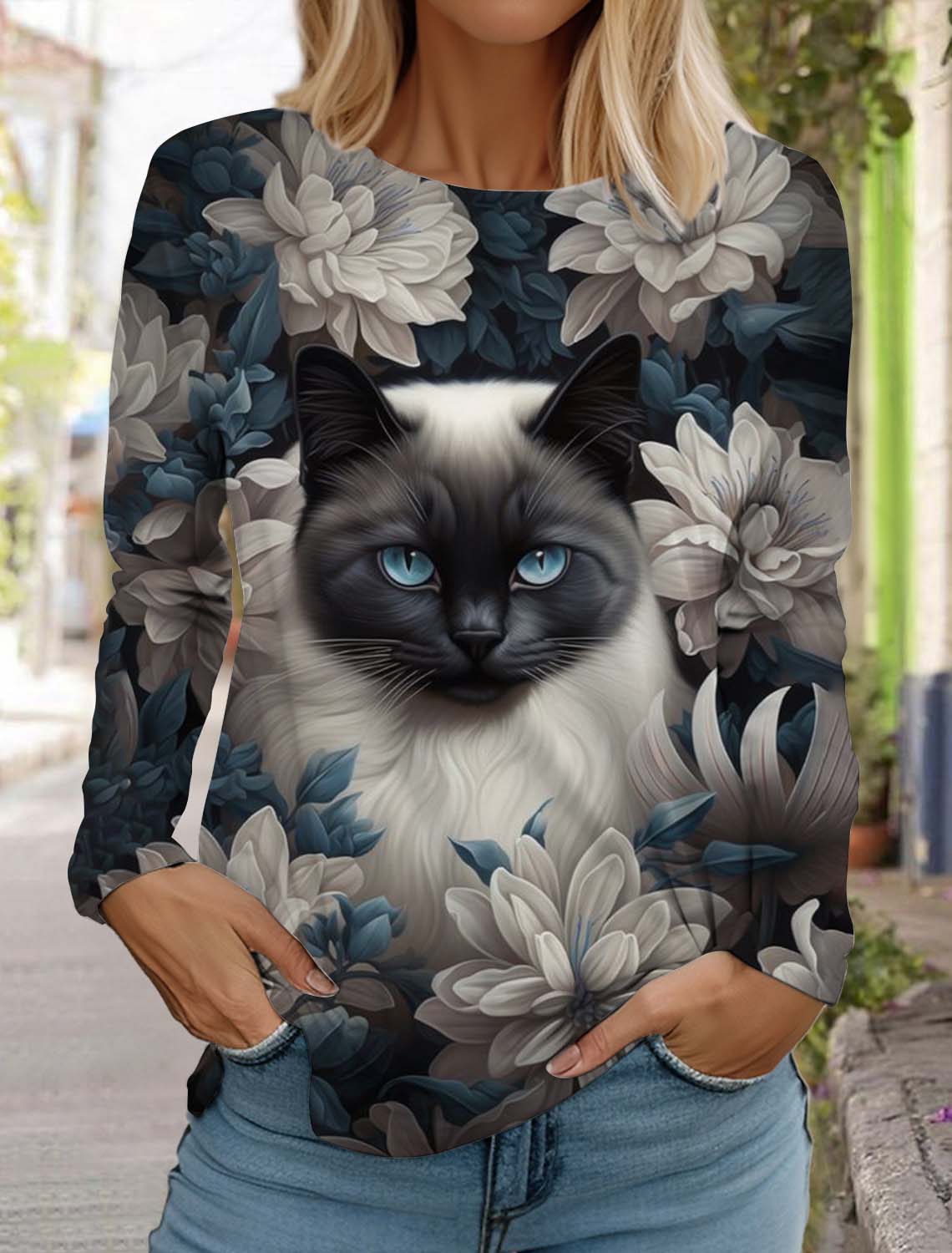 

Футболка с длинными рукавами для женщин с милым рождественским котом, осенняя одежда с изображением животных, праздничная подарочная одежда, модная футболка для вечеринки 8XL