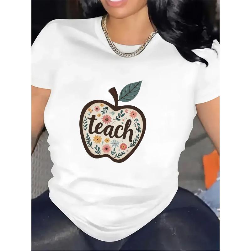 Women Teacher Floral Apple Print Tee Teach Letter Graphic Short Sleeve Polyester Lightweight Casual Daily Top