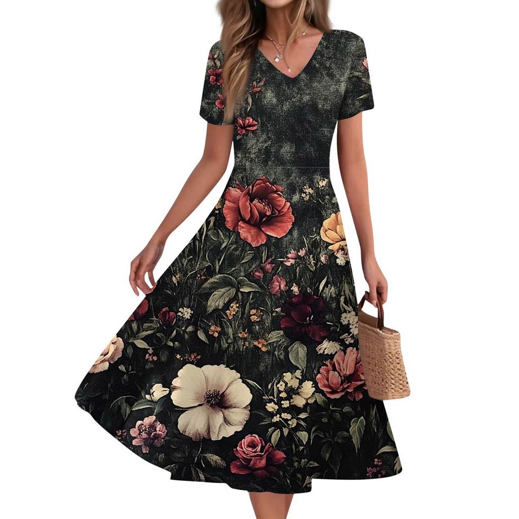 Women's Summer Casual Fashion Print Pocket Short Sleeve V-Neck Swing Dress