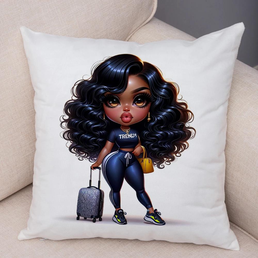 Fashion Cartoon African Girl Pillow Case Soft Plush Cushion Cover for Sofa Home Decor Cute Black Women Throw Pillowcase