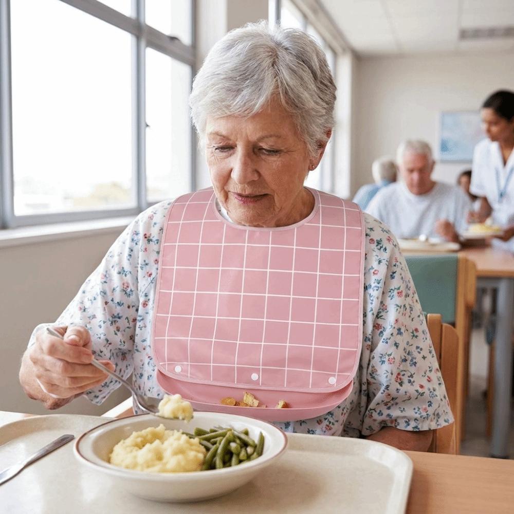 Plaid Pattern Elderly Bib Waterproof Eating Smock Easy Clean Mealtime Bib  Elderly Care