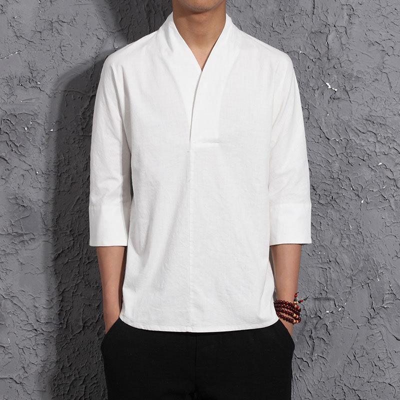 Chinese Style Retro Cotton and Linen Short-sleeved V-neck T-shirt Summer Three-quarter Sleeve Men's Linen Hanfu T-shirt