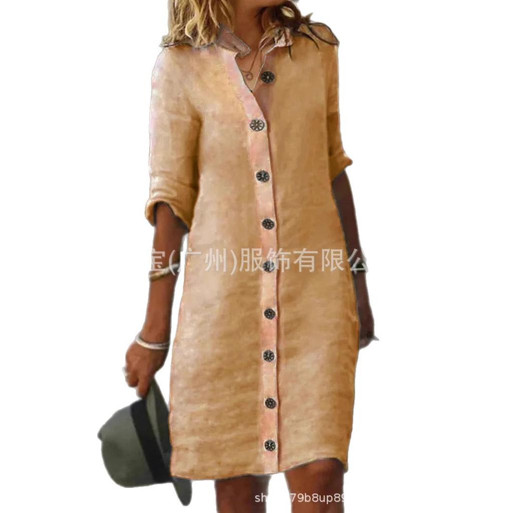New European and American women's clothing spring and summer shirt collar large round button pure cotton cotton and linen dress