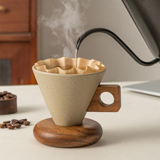 Vintage Kahve Kupası Seramik Konik Kupa Ahşap Saplı ve Tabaklı Stabil Çay Kupası Çay ve Kahve Severler İçin Eşsiz Hediye