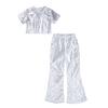 Conjuntos de Festa de Lantejoulas Brilhantes para Meninas Top Cropped com Decote Redondo e Calças Flare com Cós Elástico para Apresentação de Palco de Dança