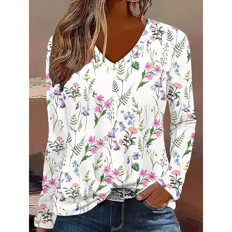 2025 Women's T-Shirts Florals Graphics Plants Elegant Fashion Tees Long Sleeve T-shirts V-Neck Regular Tops Pullover Fall Winter