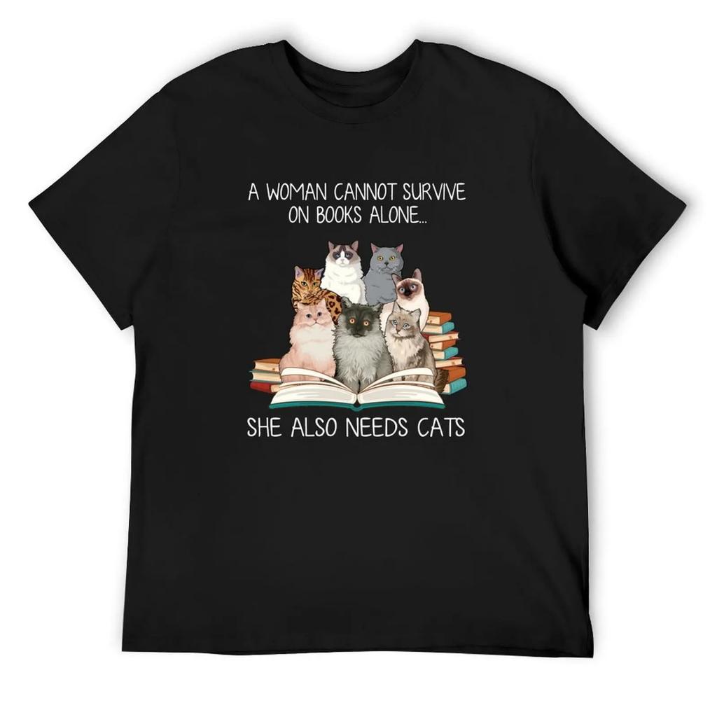 Funny Woman Books and Cats T-Shirt affliction shirts kawaii clothes summer top custom shirt workout shirts for men