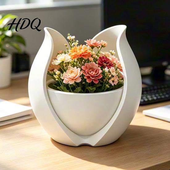 Modern Home Decor Planter Tulip Flower Shape Planter 3D Printed Decorative Pot Soil Cultivation Bowl Pot Minimalist Plant Container for Office Desk