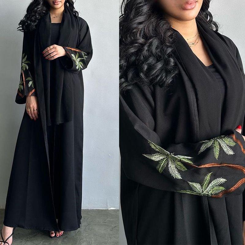 2024 Middle East Indonesia Arab Super Black Niabou Cross Border Plus Size Cardigan Embroidered Robe Fashion Black Robe Coat