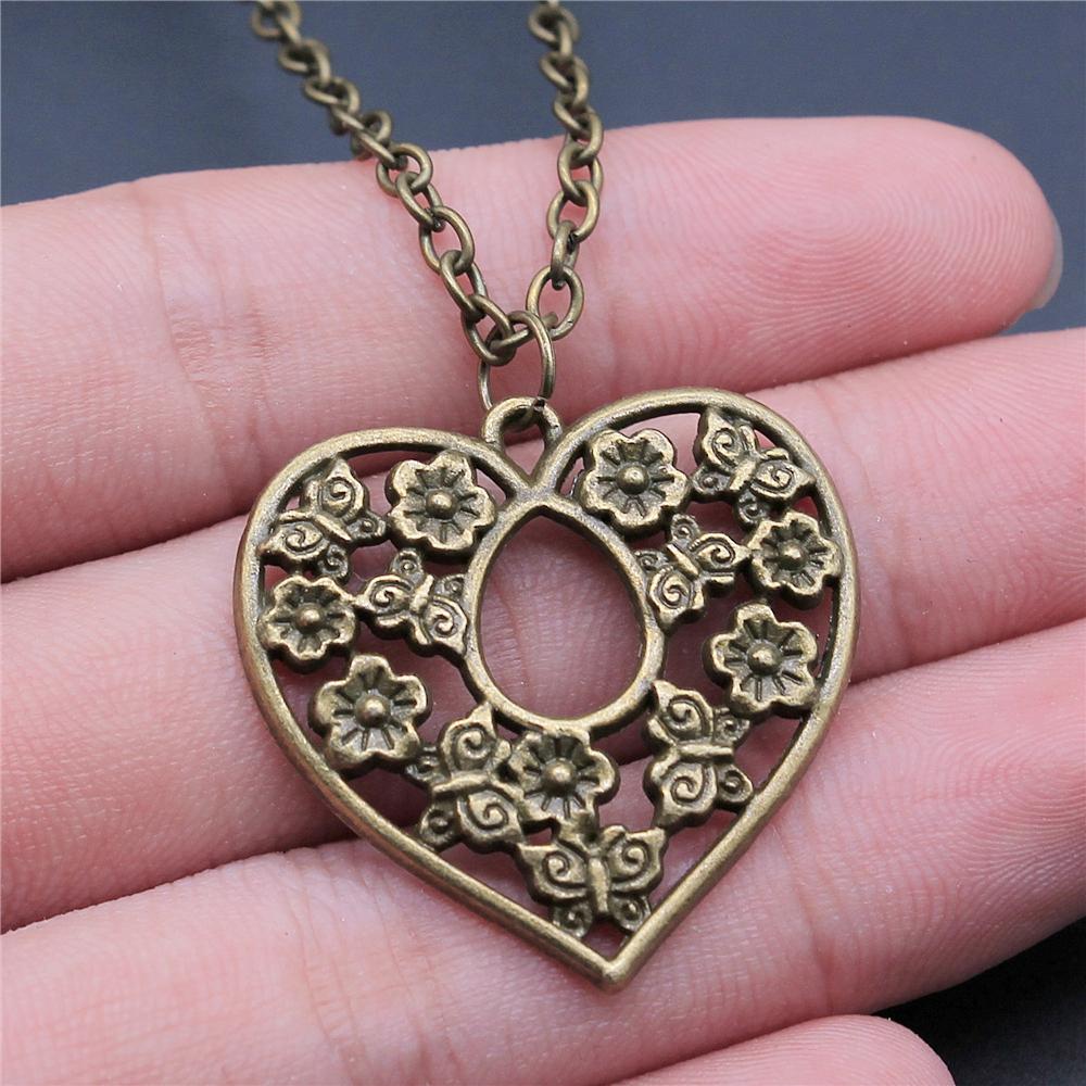 

3D Hollow Heart Pendant Necklace Vintage Antique Silver Color Carved Heart Pendant Necklace For Women Long Metal Chain Necklace 45cm
