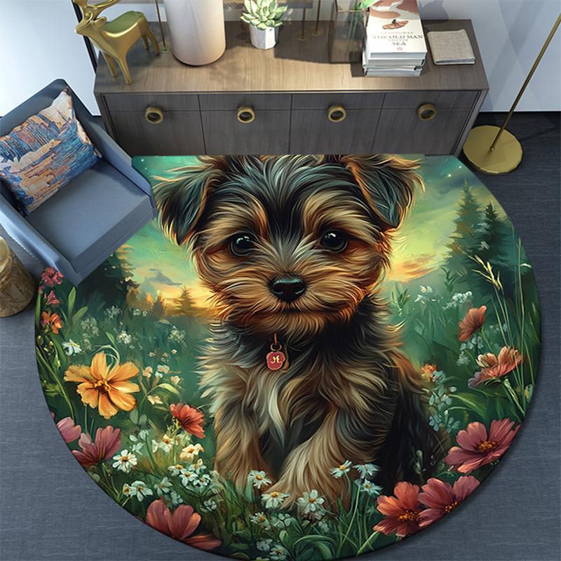 Yorkshire Terrier Round Area Rug,Carpet Rug for Living Room Bedroom Sofa Playroom Decor,Non-slip Floor Mat