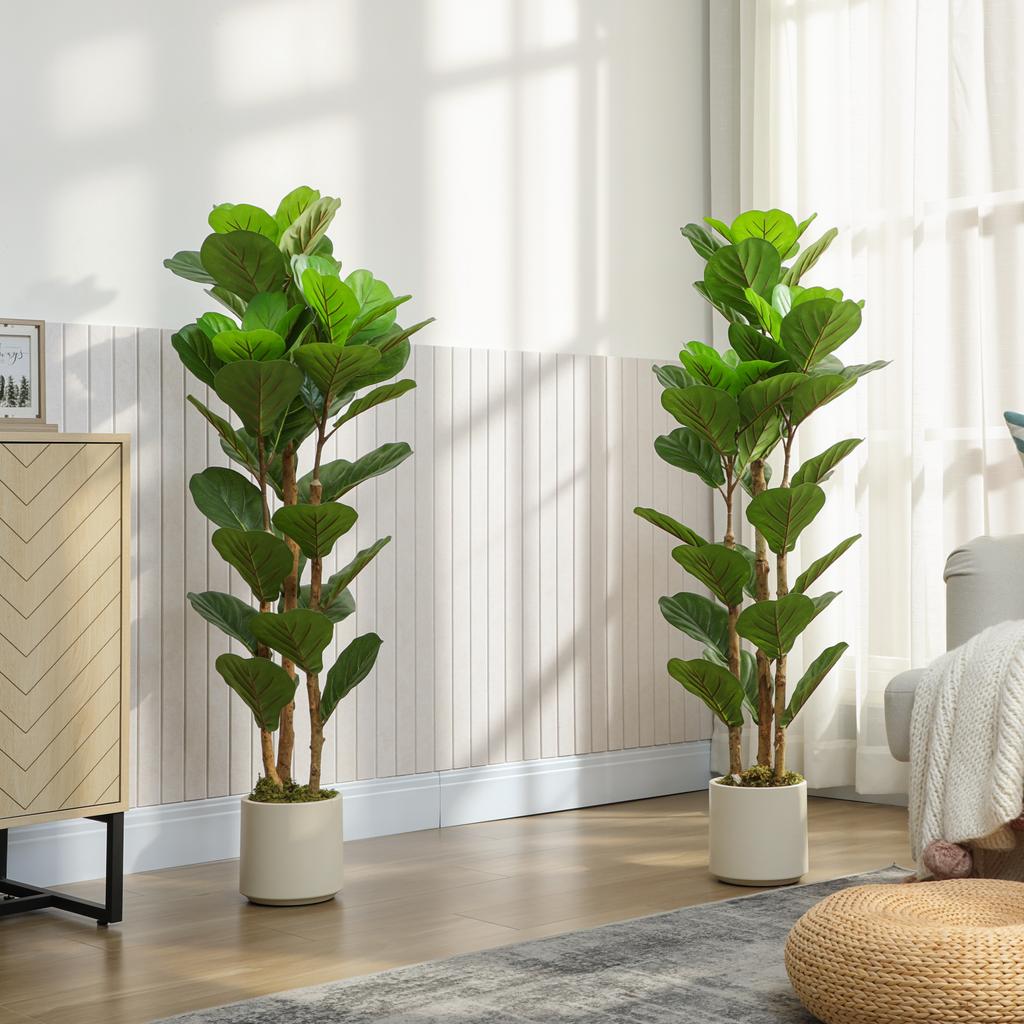 Artificial Plants, Set of 2, 120 cm Fiddle-Leaf Fig, Plastic Pot, Solid Wood Trunk, Green