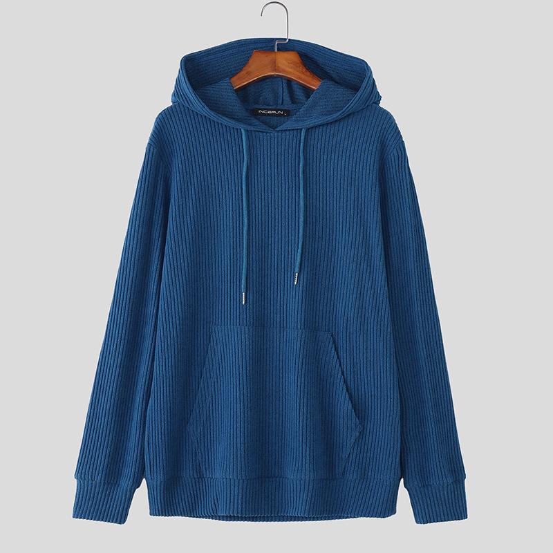 

INCERUN Мужские пуловеры с длинным рукавом, на кулиске, повседневные, с капюшоном, текстурные, вельветовые 3XL синий