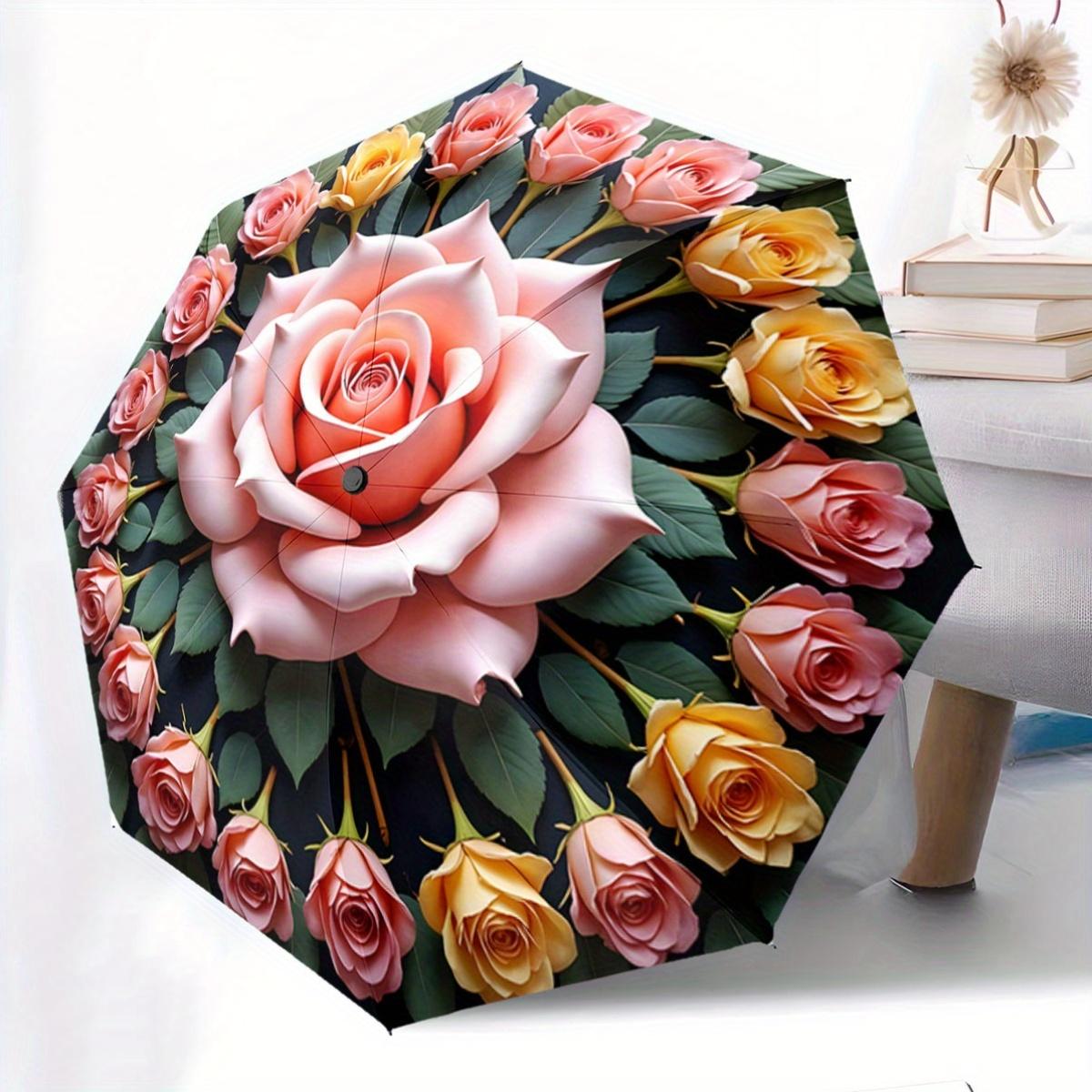 A Compact Folding Umbrella Featuring a Large Central Rose with Smaller Roses Around It. It S a Convenient Outdoor Accessory Su