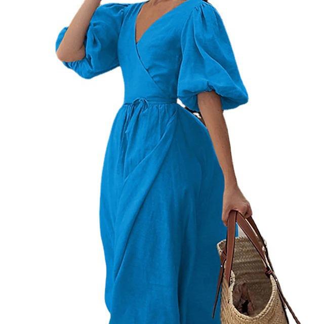2023 Spring/Summer Women's European & American Style Lace-up Puff Sleeve Split Dress