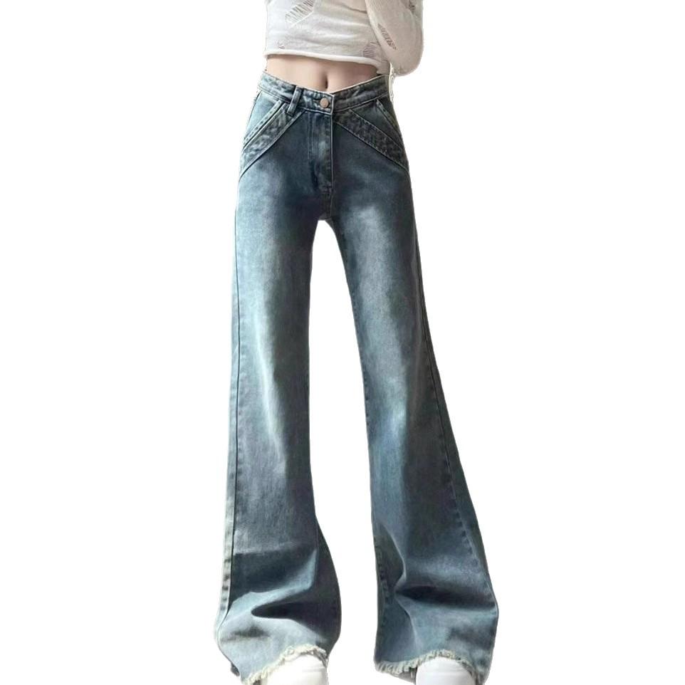 Vintage Raw Edge Micro Flare Jeans Women Summer Slim Covering Flesh Skinny Hundred Flare Pants Retro Street Style Baggy Long Jeans for Ladies