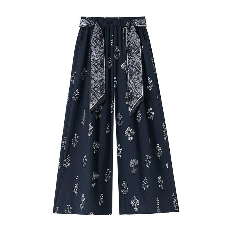 Women High Waist Floral Printed Loose Wide Leg Casual Cropped Pants