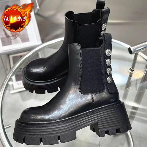 Fashion Women's Boots Woman Winter 2024 Leather New In Shoes Half Gothic Y2k Fashion Chelsea Autumn Booties Chunky Platform on Promotion