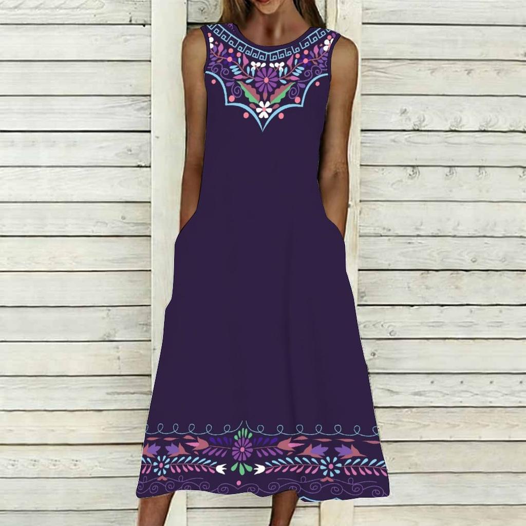 Women Plus Size Sleeveless Crew Neck Dress Exuberant Floral Pattern Loose Calf Length Dress