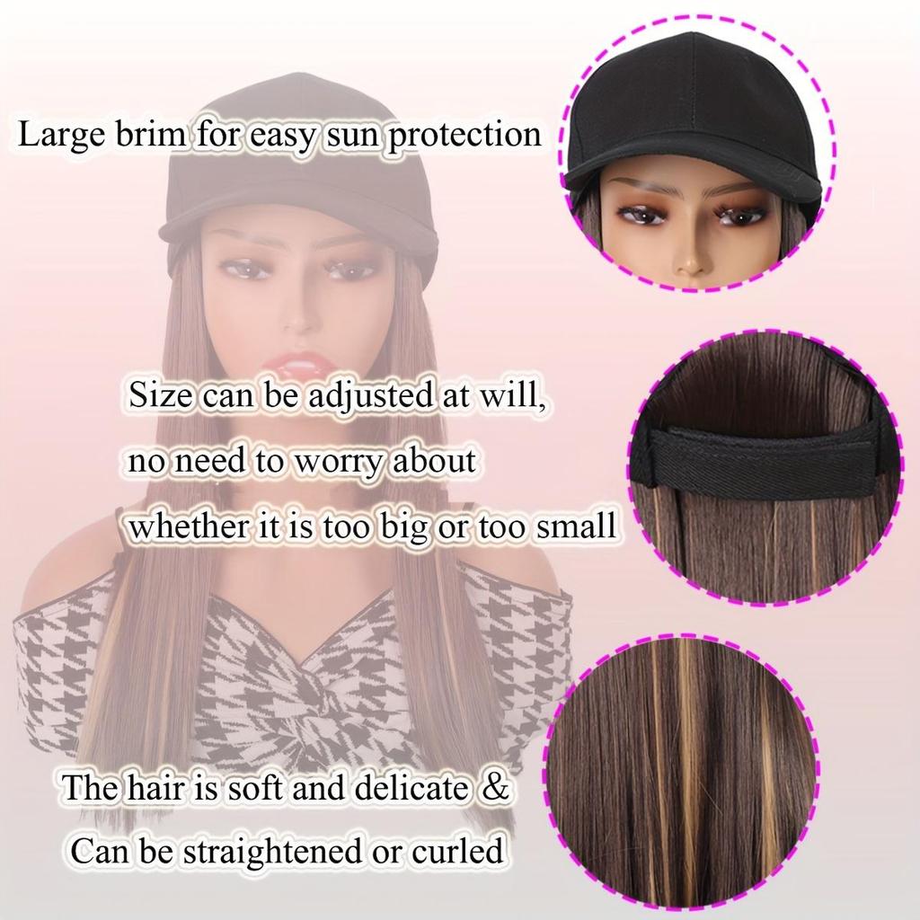 Elegant Women'S Black Baseball Cap With Adjustable Hat Wig - Long Straight Synthetic Hair, One Piece