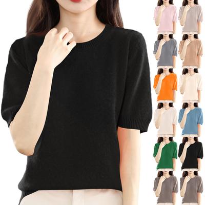 Women's Fashion Wool Knit Half Sleeve Round Neck Solid Colour Bottom Shirt Knitted T-Shirt Top
