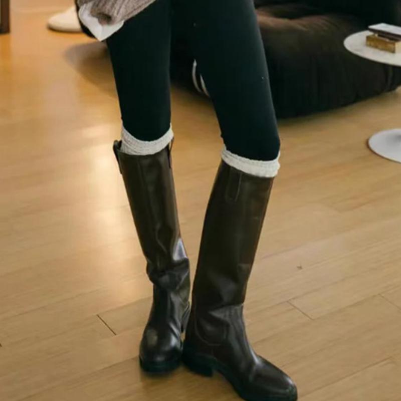 Krazing Pot Kuskinn Skinn Høst Vinter Sko Med hæler Stor størrelse 46 Rytterstøvler Kvinner Holder Varm Lår Høye Støvler