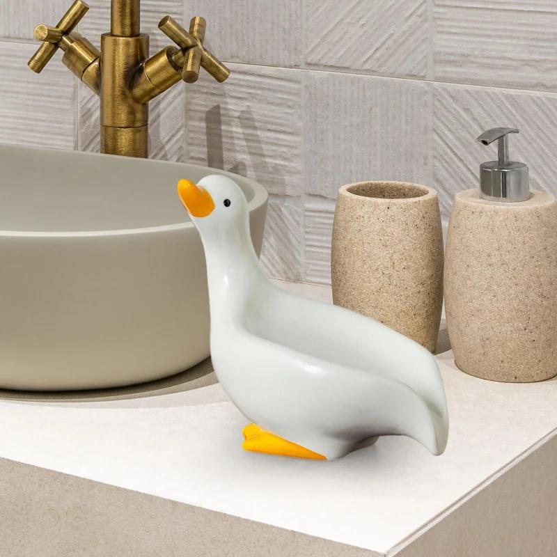 Ceramic Duck-Shaped Soap Dish with Self-Draining Design  for Shower Bathroom Kitchen Tub Sink Tray