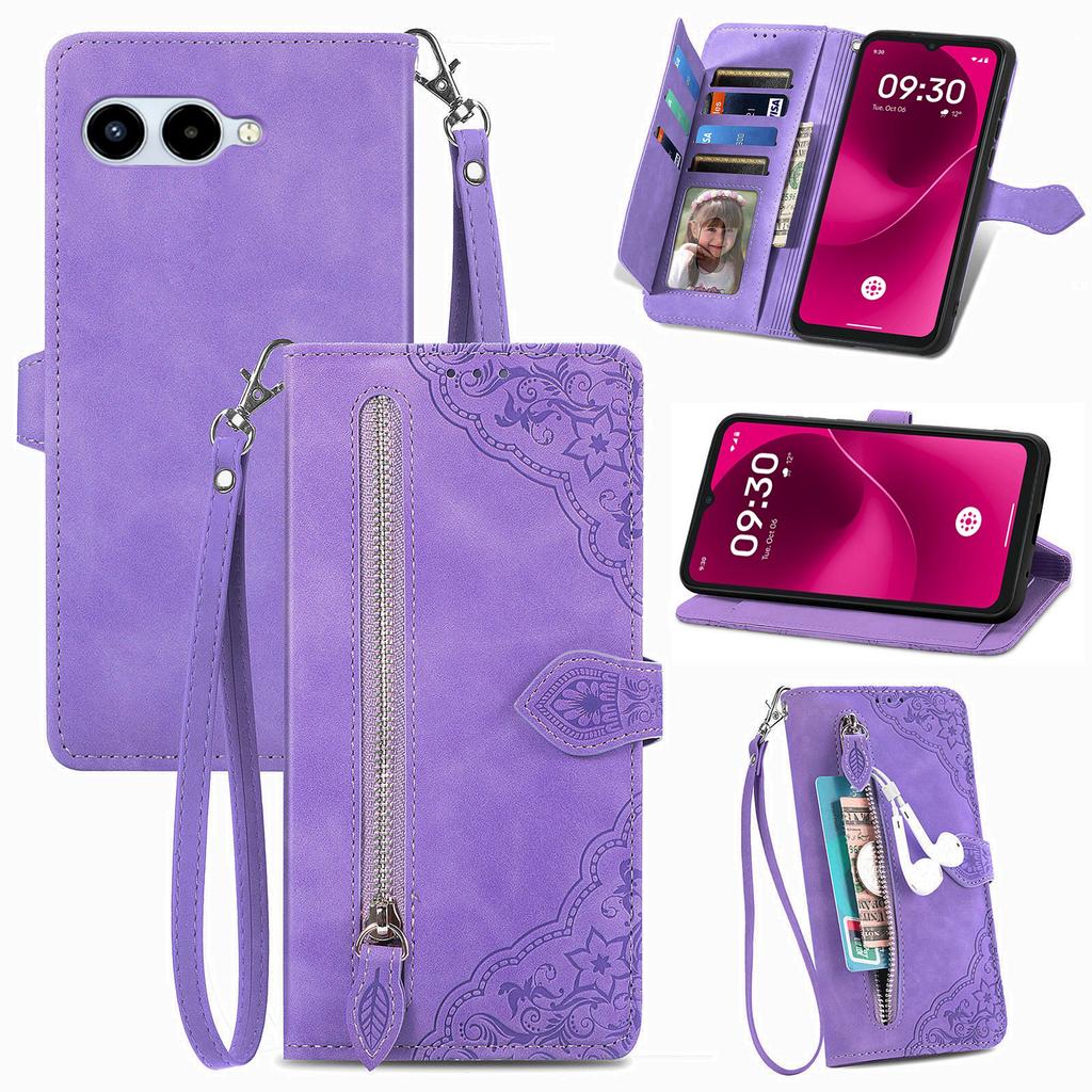 For T-Mobile REVVL 8 Zipper Wallet Case with Strap Flower Imprint PU Leather Phone Cover