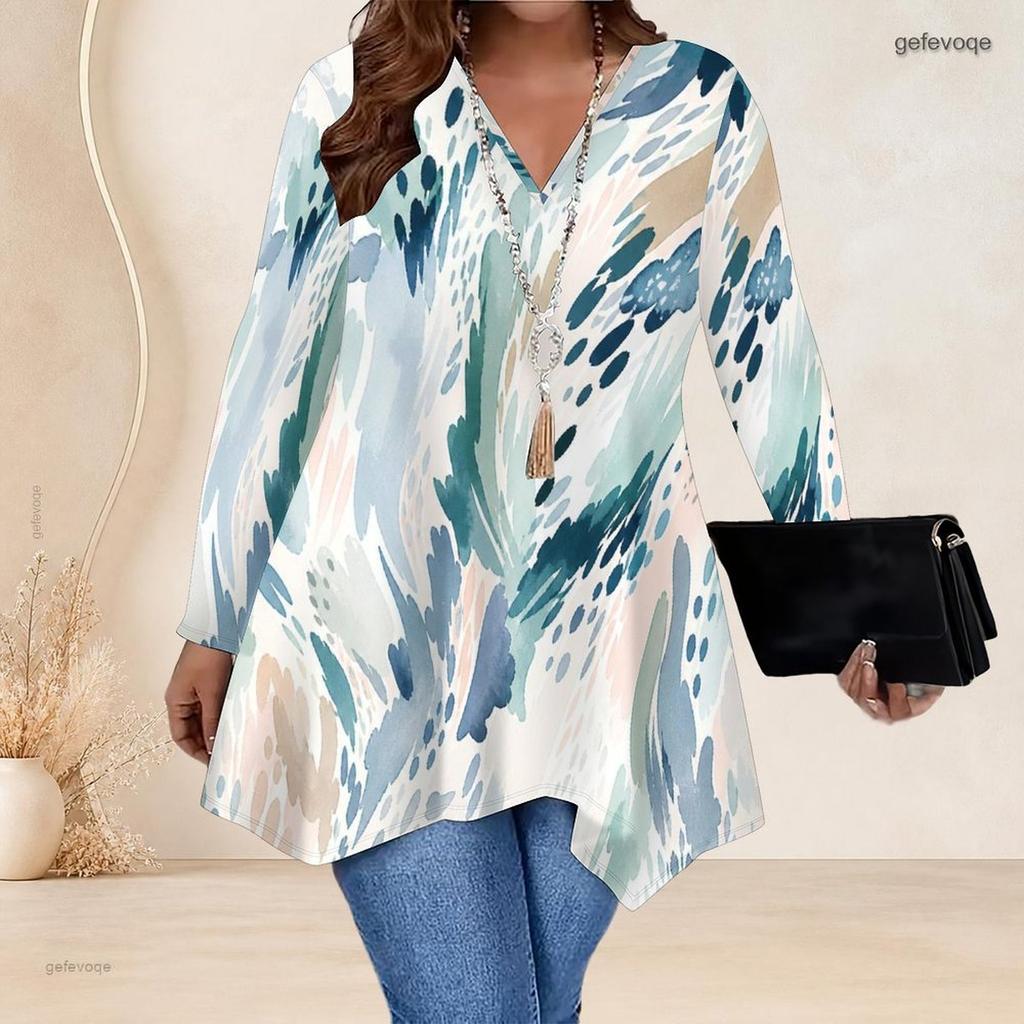 Women Plus Size V Neck Long Sleeve Colorful Printed Asymmetric Hem Flared Tunic Top