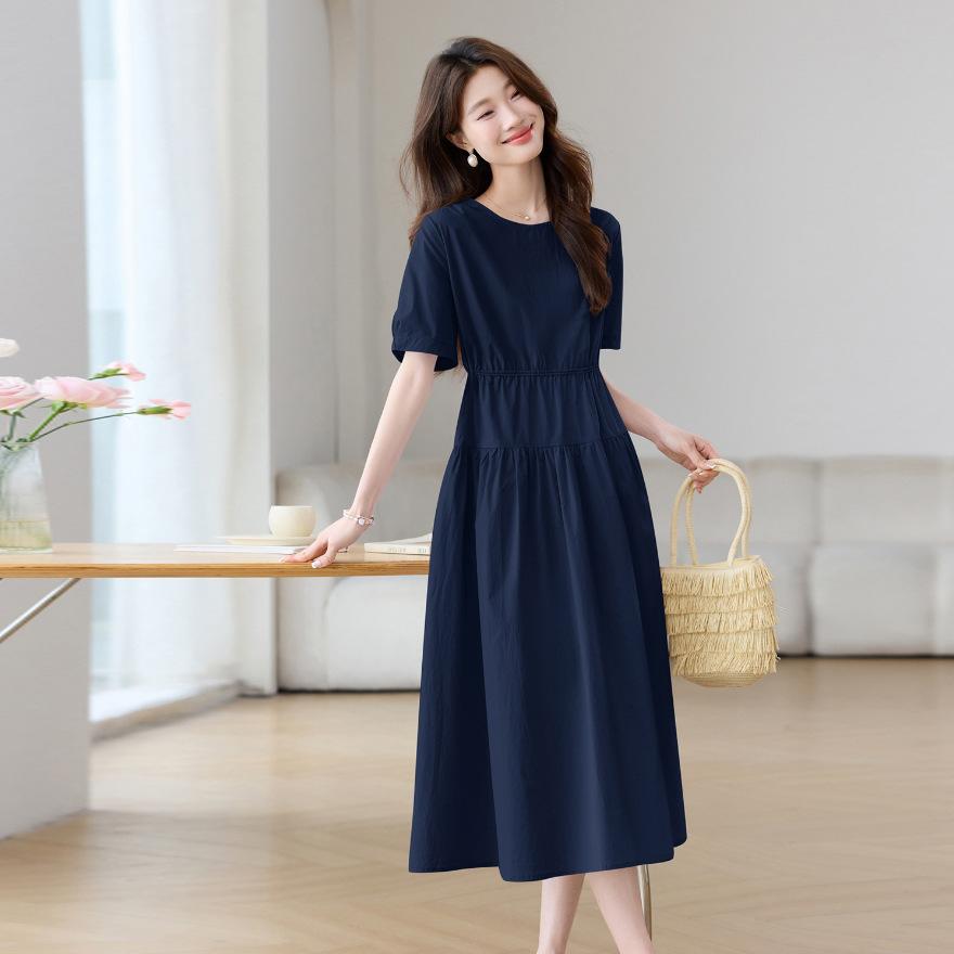 Summer New Fashion Design Sense Simple Skirt Loose Drawstring Waist Thin Short Sleeve Pure Cotton Dress Women