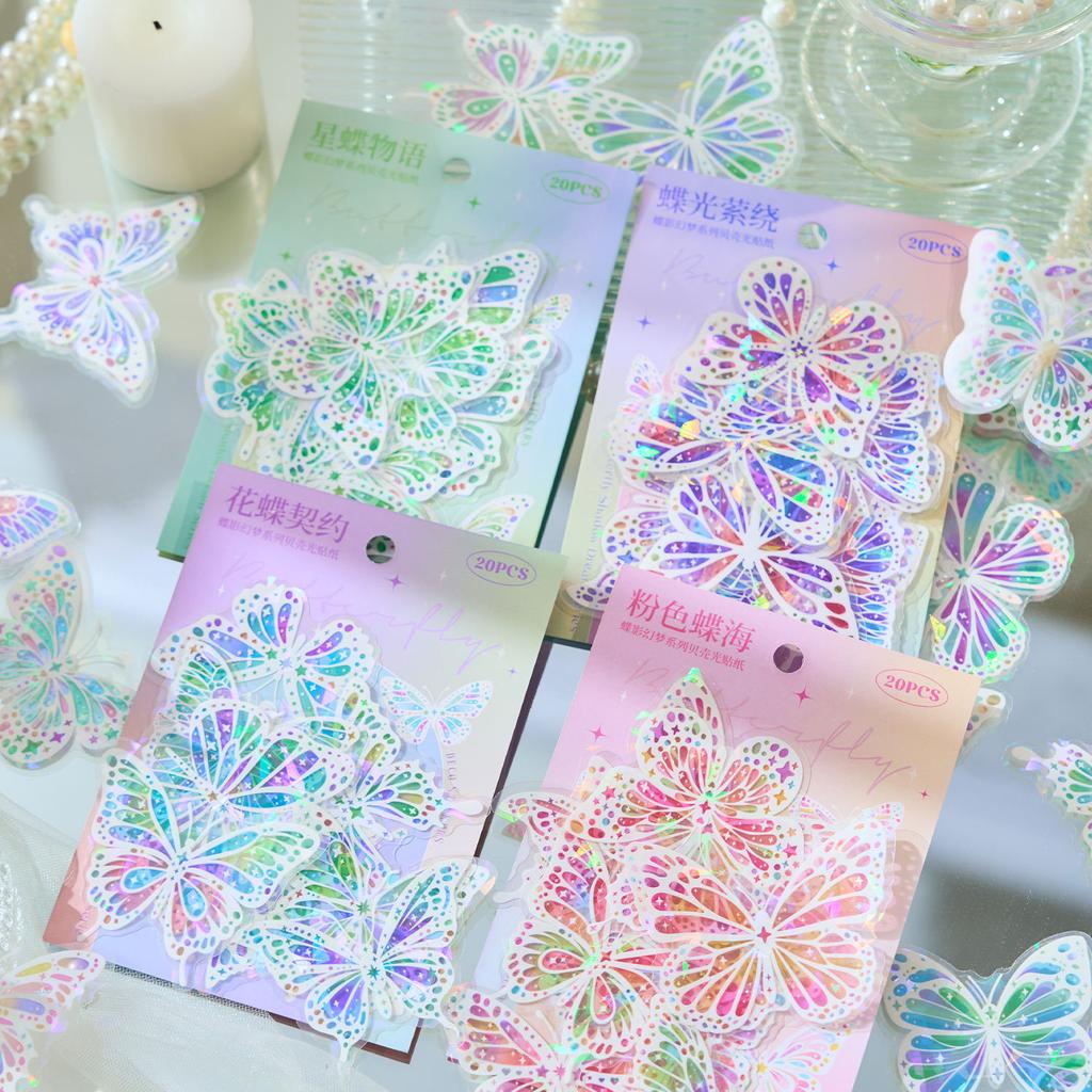 20 pcs Laser glisten Butterfly Stickers pack Creativity Decorative collage Hand Account Diary Album Scrapbooking Junk Journal