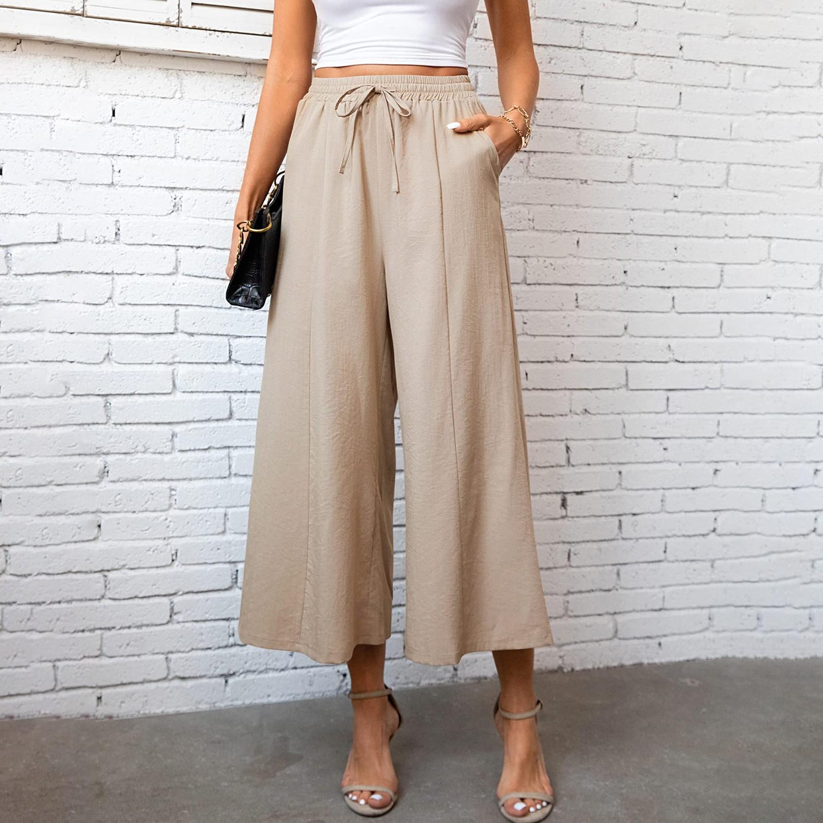 Женские льняные брюки с широкими штанинами и шнурком — фото 5