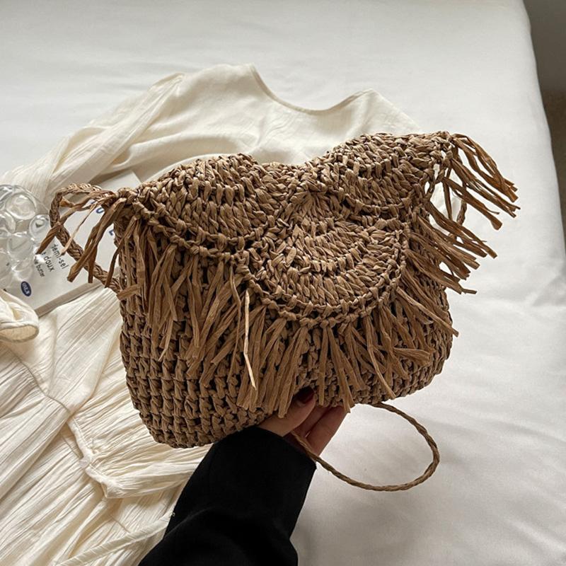 Handwoven Cotton Straw Shoulder Bag Crochet Tassel Beach Bohemian Purse for Women
