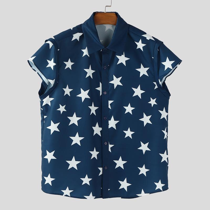 

INCERUN Men Lapel Neck Short Sleeve Print Buttons Casual Shirt Tops L синій