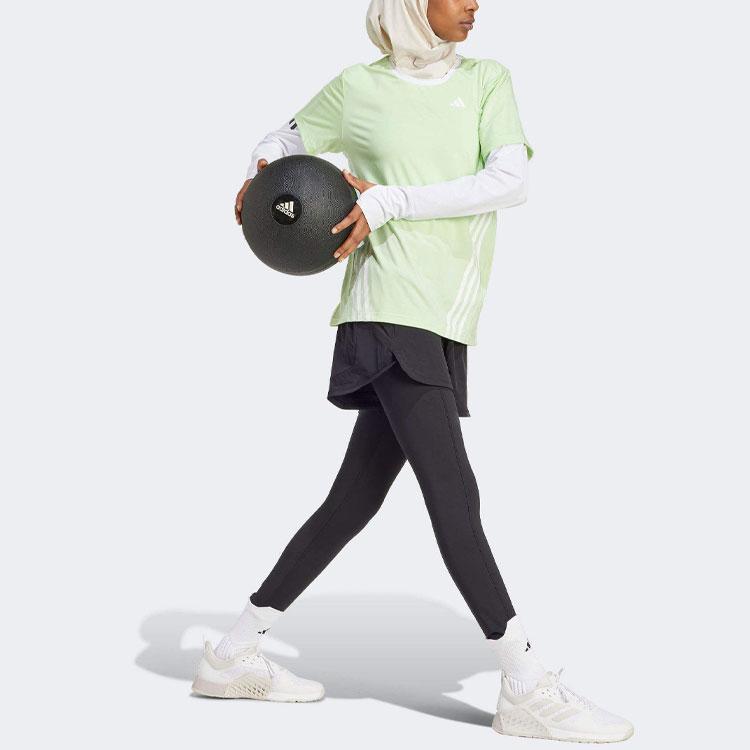 Adidas Three Stripe Color Block Round Neck Short Sleeve T-Shirt Women Tops Green IW8786