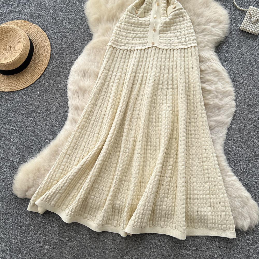 Summer New Brand Fashion Vintage Knitted Dress Women Elegant Hollow Out O-Neck Single Breasted A-Line Long Robes Ladies Dress