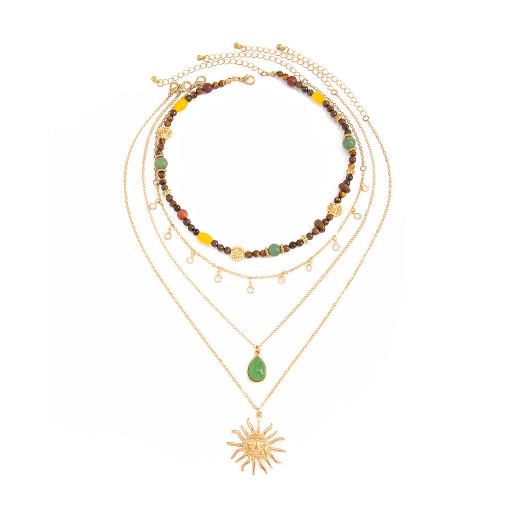 European and American retro contrasting color beaded sun pendant necklace, stacked ins thin chain water drop gem jewelry women