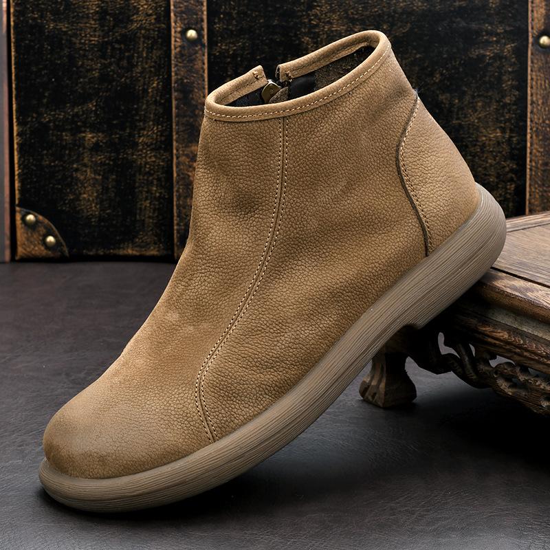 Genuine Leather Men's Toe Layer Cowhide Frosted Soft Leather Martin Boots Men's Chelsea Retro British Zipper High Top Short Boots