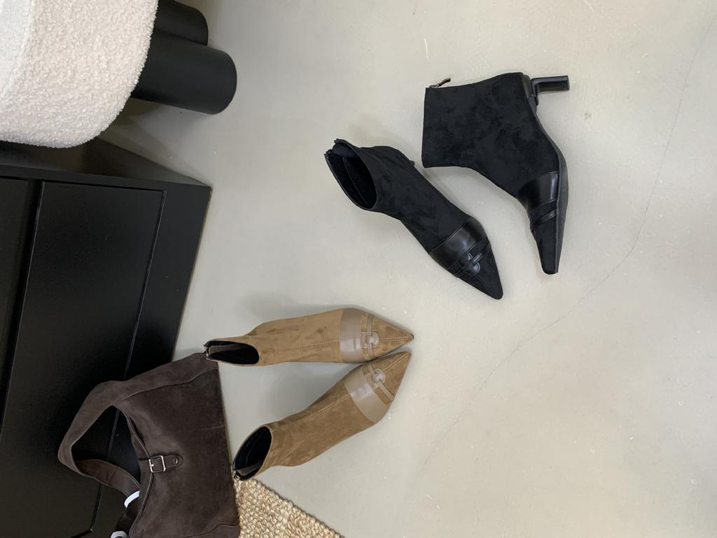 2025 French Suede Splicing Pointed Thick High-heeled Short Boots Women's Autumn and Winter New Fashionable Versatile Rear Zipper Short Boots