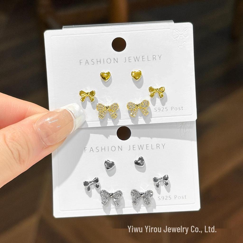 Exquisite Diamond Heart Bow s925 Silver Stud Earrings Set - Sweet & Delicate Three-Piece Collection