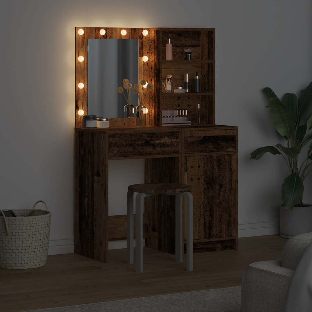 Makeup Table Set with LED Mirror and Shelf 2 pcs Reclaimed Wood Particleboard