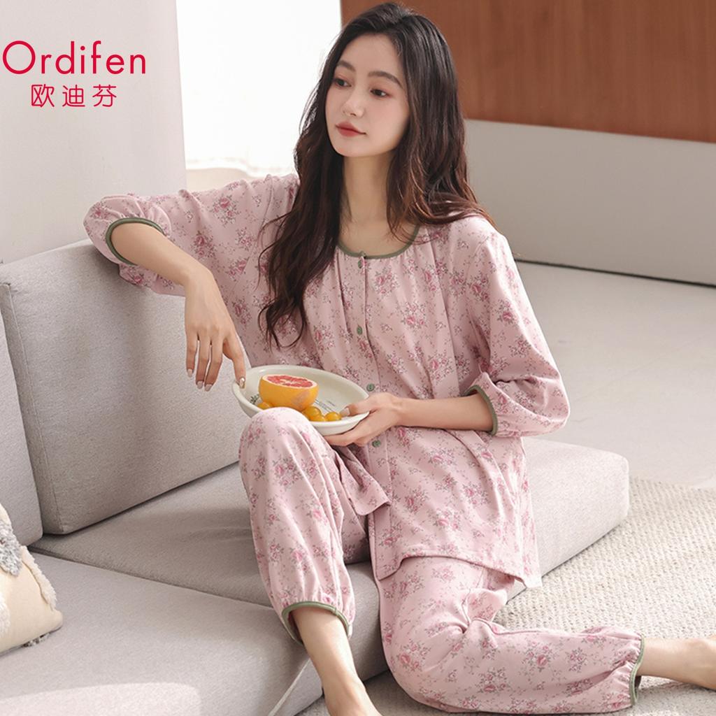 Women's Cotton Pajama Set - Seven Quarter Sleeve Casual Forest Style