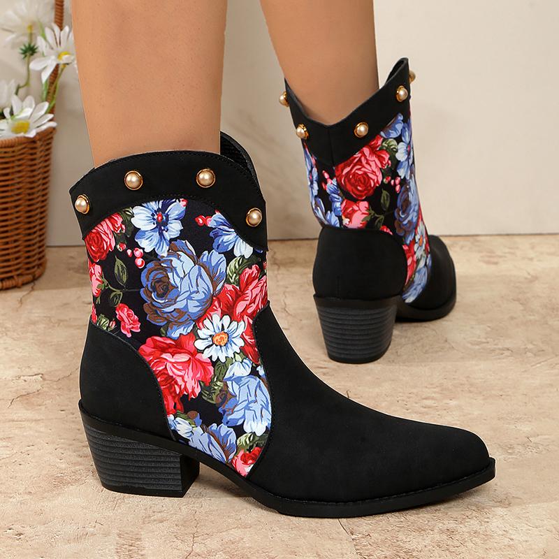 fashion Trendy Multi-Coloured Patchwork Print Women Ankle Boots Metal Rivet Decoration Pointed Toe Women's Boots Winter New Ladies Boots
