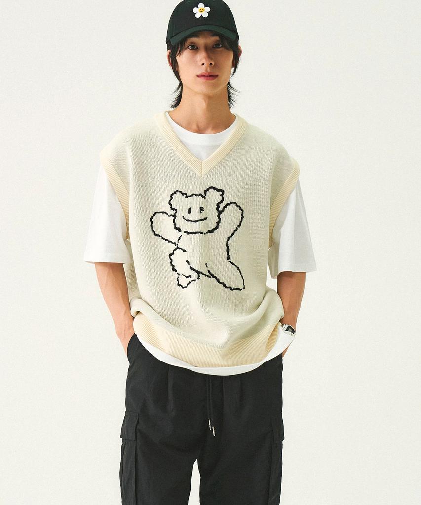 Graver [Unisex] Big Line Bear Smile Knit Vest_Cream