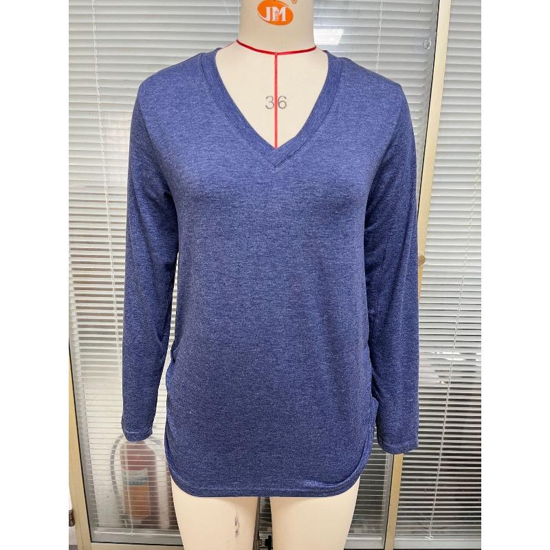 Autumn New Casual Pullover V-neck Solid Color Loose Long-sleeved T-shirt Top