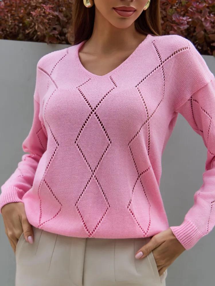 European & American V-Neck Plaid Knit Sweater - Women's Long Sleeve Loose Fit