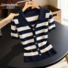 T-shirt a righe con colletto in maglia da donna Sibaishe