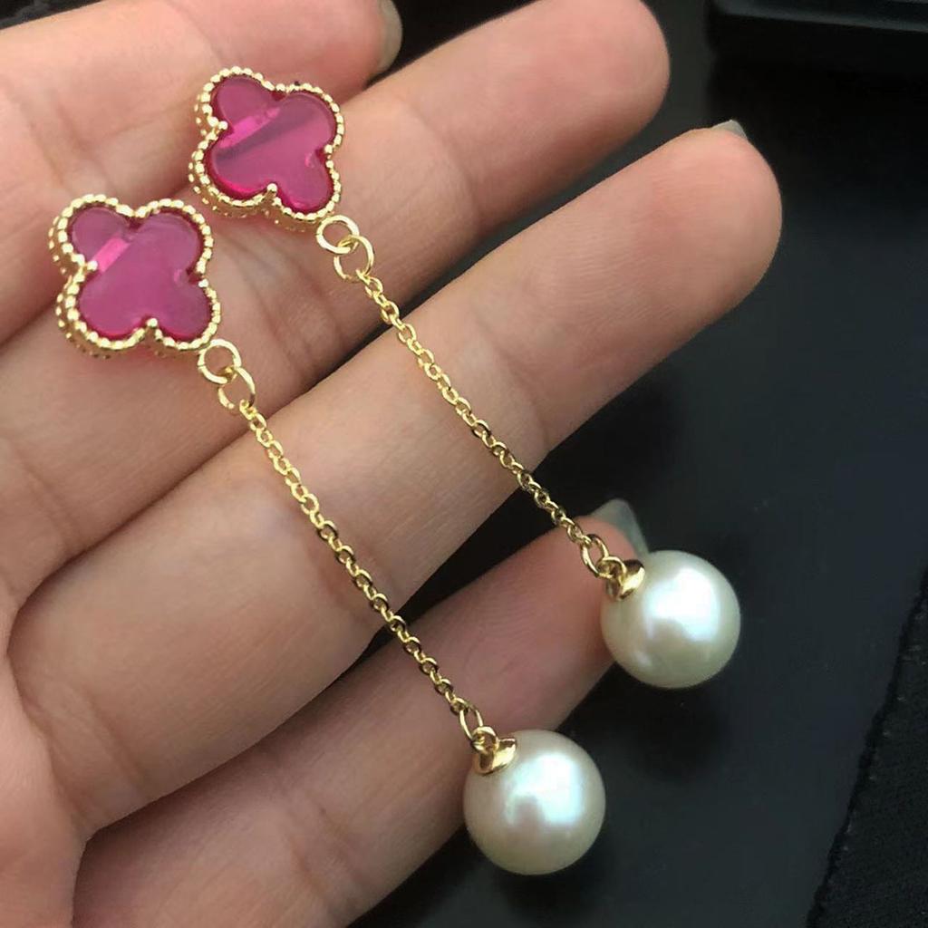 Four-leaf Clover Natural Freshwater Pearl Earrings Women's Light Luxury Temperament Long Fringed Pendant Earline Versatile Geometric Chain