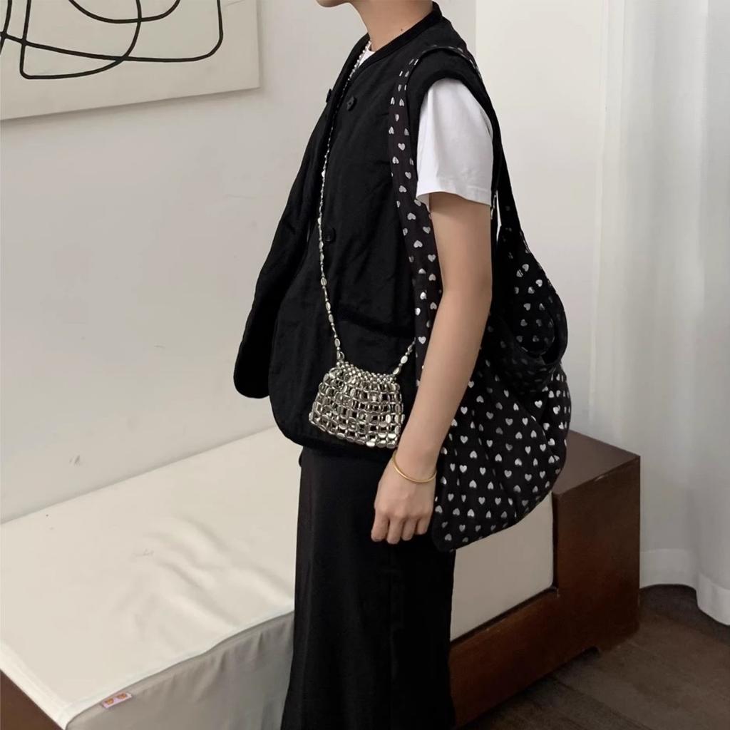 Niche Design, Heavy Industry, Metallic Silver, Design Sense, Hollowed Out Handmade Weaving, Bead, Fashionable Matching, Small Crossbody Bag